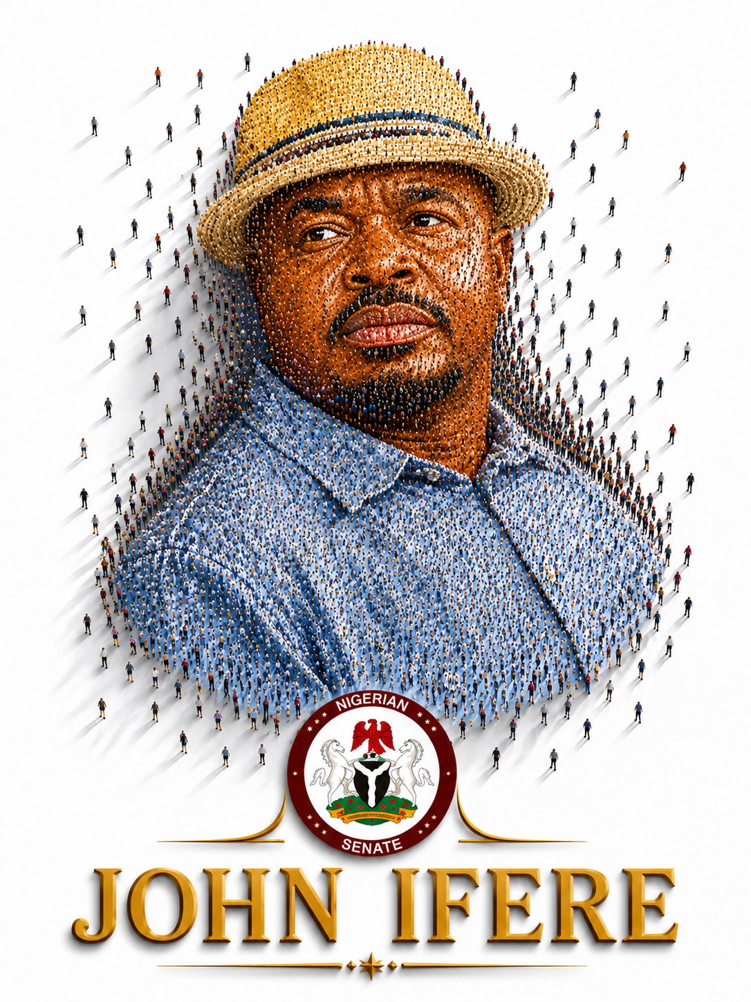 Mosaic portrait of John Ifere made from a crowd of people